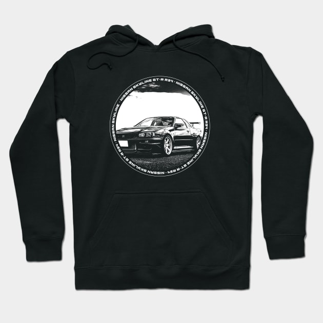 NISSAN SKYLINE GT-R R34 Black 'N White 4 (Black Version) Hoodie by Cero